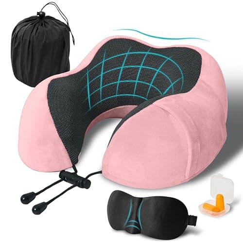 Travel Pillow, Memory Foam Neck Pillow for Traveling, U Shape Neck Pillow Airplane Portable Flight Pillow Travel Kit with 4D Contoured Eye Masks and Earplug for Plane Train Car Home Office - Pink - Image 1