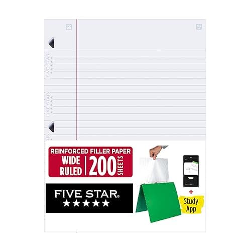 Five Star Loose Leaf Paper + Study App, Wide Ruled Filler Notebook Paper, Reinforced, Fights Ink Bleed, 8" x 10-1/2", 200 Sheets (150039) - Image 1