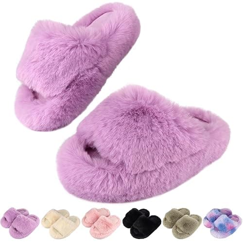 LUYOO Girls Fuzzy Memory Foam Slippers Comfy丨Kids Fluffy Plush Open Toe House Slippers丨Slip On Furry Home Slides丨Indoor Outdoor Fur Flip Flop - Image 1
