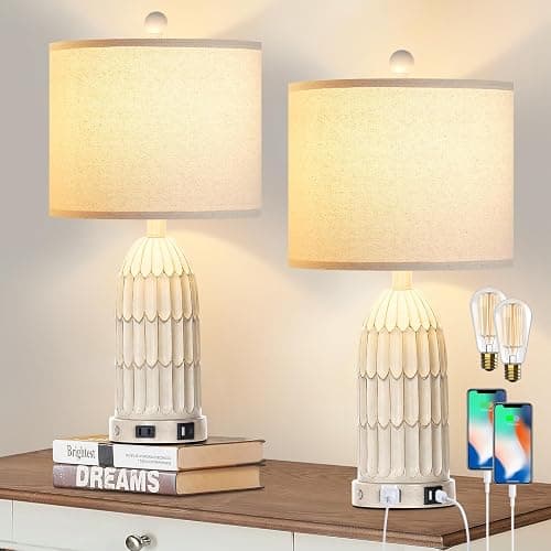 Cinkeda Farmhouse Table Lamps Set of 2, 3-Way Dimmable Touch Lamp for Bedroom Nightstand with USB A+C Ports & AC Outlet, White Vintage Boho Bedside Lamp for Living Room End Table (Bulbs Included) - Ivory - Image 1