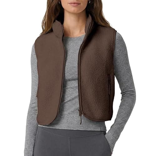 Yioaga Cropped Fleece Vest Women Sleeveless Stand Collar Zip Up Sherpa Jacket Fall Winter Warm Coats Outerwear with Pockets - Image 1