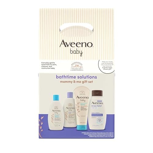 Aveeno Baby Bathtime Solutions Mommy & Me Gift Set, Baby Wash & Shampoo, Calming Bath, Daily Moisturizing Lotion and Stress Relief Body Wash for Mom, Colloidal Oat, Baby Bath Essentials, 4 items - Image 1