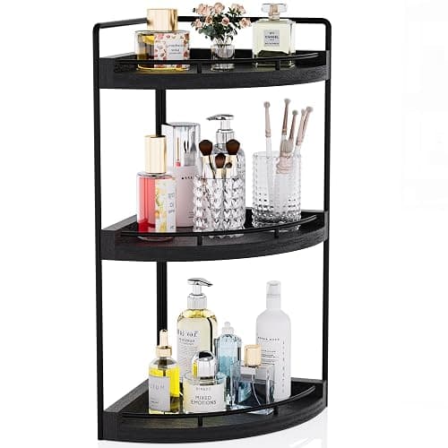 CeleVista Corner Bathroom Counter Organizer, 3 Tier Bathroom Sink Shelf Countertop, Wood Vanity Skincare Storage for Toiletries Decor, Makeup, Dresser(Black) - Image 1