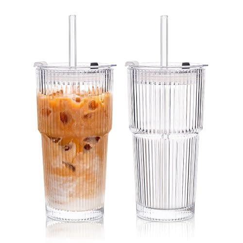 KEMORELA 2-Pack 20 oz Ribbed Glass Tumblers with Lids and Glass Straws – Vintage Iced Coffee Cups, Reusable Smoothie & Cocktail Drinking Glasses, Clear Glassware for Home or Cafe - Image 1