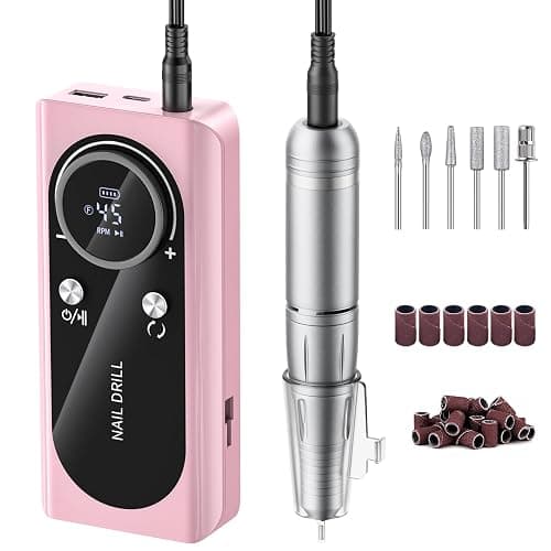 Electric Nail Drill Machine 45,000RPM - Professional Electric and Rechargeable Nail Drill with LCD Display, 6 Bits and 30 Sanding Bands, Low Heat Quiet E-File for Acrylic Gel Nails (Pink) - Image 1