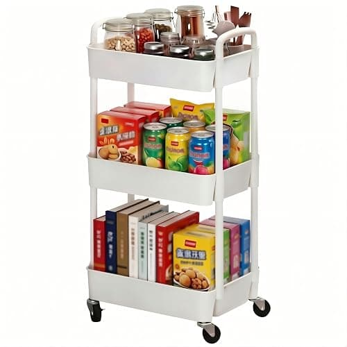 Sywhitta 3-Tier Plastic Rolling Utility Cart with Handle, Multi-Functional Storage Trolley for Office, Living Room, Kitchen, Movable Storage Organizer with Wheels, White - Image 1