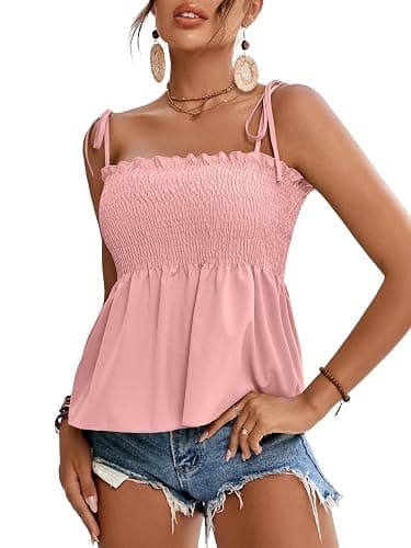 LYANER Women's Cute Summer Tops Tie Shoulder Shirred Ruffle Hem Sleeveless Sexy Cami Blouse Peplum Top - Image 1