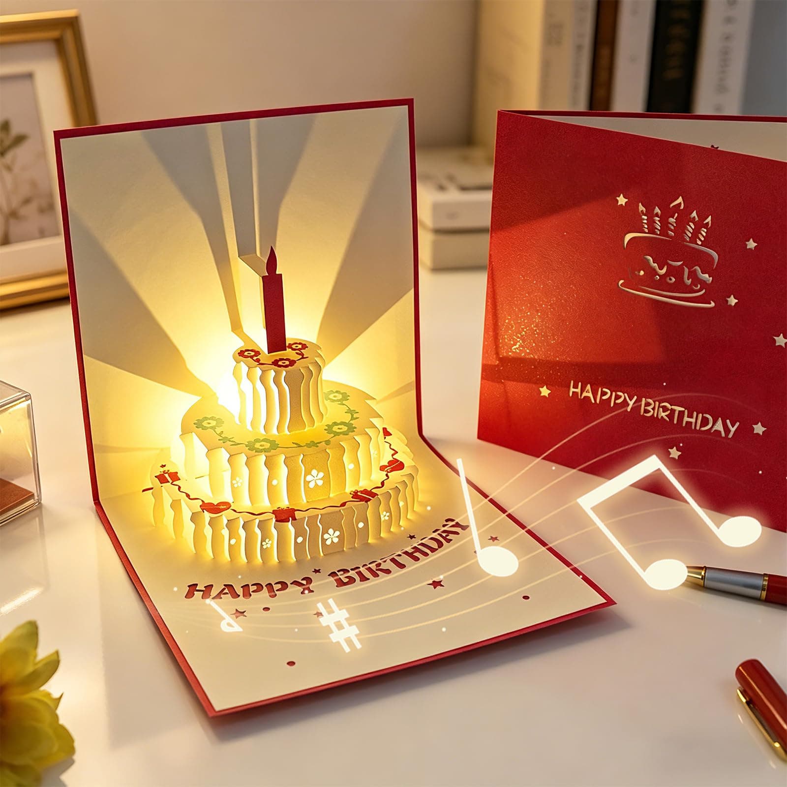 (Birthday) Message Card, Birthday Card, Greeting Card, LED Light + Birthday Music Playback, Automatic Lighting, 3D Folding Type, Includes Envelopes, Cake, Happy Birthday to You, For Birthday (Red) - Image 1