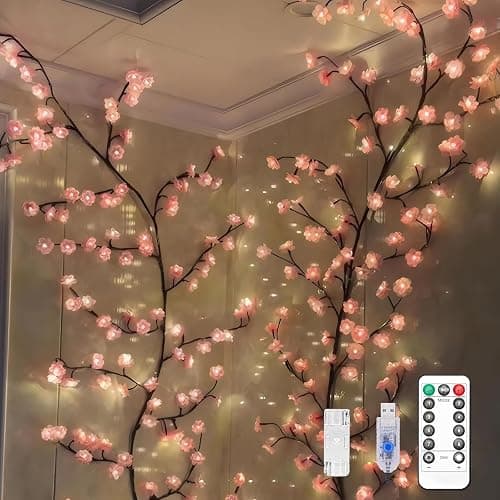 Cherry Blossom Tree Branch Lights for Wall,Cherry Enchanted Willow Vine Lights,with 72 LED and 8 Lighting Modes,Remote Timer,for Bedroom Wall Doors Windows Wedding Christmas Holiday (63inch) - Image 1