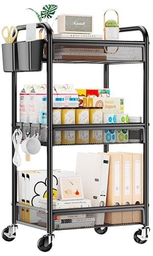 YASONIC 3 Tier Rolling Cart – Metal Utility Storage Carts with Wheels, Craft Cart Organizer with Hanging Cups, Hooks, Mesh Basket for Bedside Kitchen Office Art, Black - Image 1
