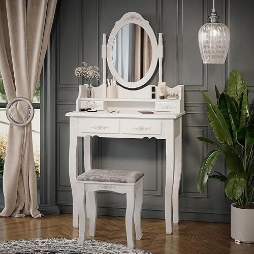 Vicco Coiffeuse Meghan, Blanc, 75cm avec Tabouret, avec Tabouret et Miroir Ovale fixé solidement - Image 1