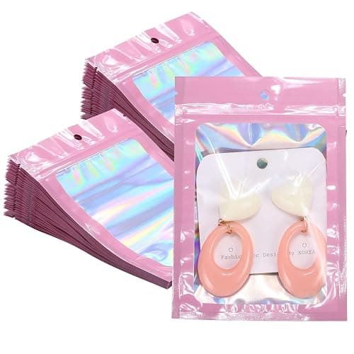 Motomy 100Pcs Pink Holographic Bags 3x4.7 Inch Resealable Mylar Packaging | Smell Proof Reusable Bag for Small Business Foil Zipper Pouches for Jewelry Candy Keychain Christmas Gift Bags Party Favors - Image 1