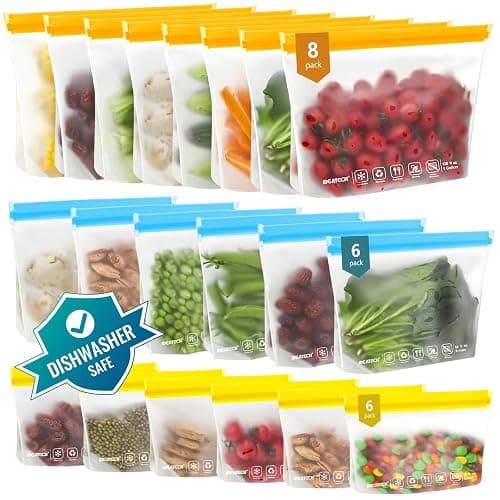 IDEATECH 20Pack Reusable Bags Dishwasher Safe, Leakproof Reusable Freezer Bags, BPA Free Healthy Food Storage Contaizers Sandwich Snack Baggies for Lunch Travel(8 Gallon 6 Quart 6 Snack,Colored) - Image 1