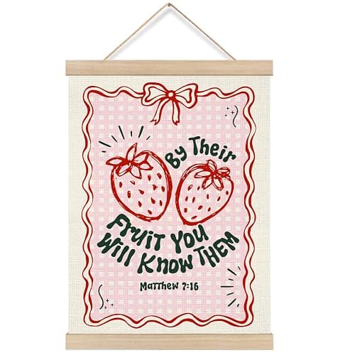 KRHFG Pink Coquette Bow Strawberry Christian Wall Art Poster Framed, Coquette Preppy Room Decor, Matthew 7:16 Bible Verses Hanging Canvas Prints Wall Decor for Girls Room Dorm Apartment, 12x16 Inch - Image 1