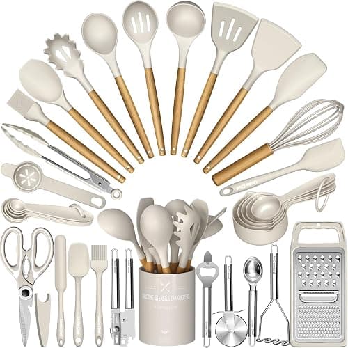 Umite Chef Silicone Kitchen Utensil Set, 34PCS Heat Resistant Kitchen Gadgets and Tools With Grater, Wood Handles for Nonstick Cookware - Image 1