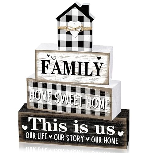 Cinnvoice 4 Pcs Farmhouse Table Decorations Rustic Home Sweet Tiered Tray Decor This Is Us Centerpiece Farmhouse Family Blesseheart House Block Sign Gift for Kitchen Shelf Office Indoor(Buffalo Plaid) - Image 1