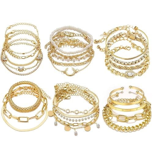 IFNODO 28pcs Gold Chain Bracelets Set for Women 14K Gold Plated Multiple Layered Bangle Adjustable Link Bracelet Anklet Fashion Accessories Jewelry Gift - Image 1