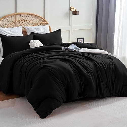 CozyLux Comforter Full Size Set Black, 3 Pieces Solid Lightweight Soft Bed Set for All Season, Luxury Breathable Quilted Style Microfiber Down Alternative Bedding Sets (1 Comforter & 2 Pillowcases) - Image 1