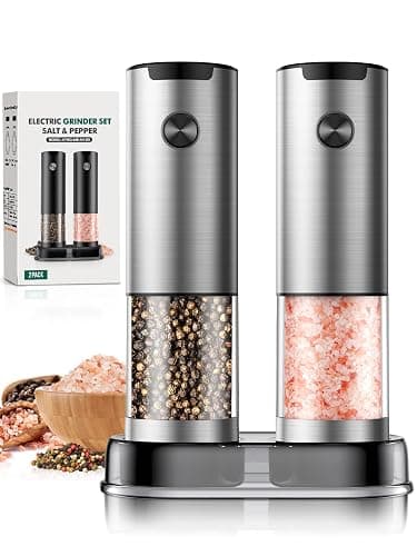 Stainless Steel Electric Salt and Pepper Grinder Set-One-Touch Battery Operated Mill with Adjustable Coarseness & LED Light, Sleek & Durable Grinder for Kitchen New Home Gift Ideas (2 Pack) - Image 1