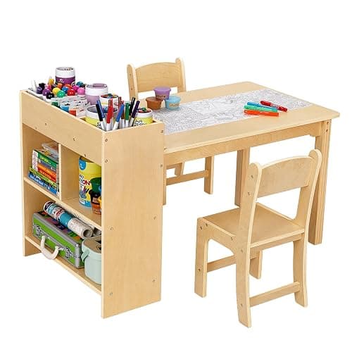 OOOK Kids Art Table and 2 Chairs, Toddler Activity Table with Storage | Wooden Kids Craft Table for Playrooms & Daycare, Art Desk with Paper Roll for Drawing, Art Center for Classroom - Image 1