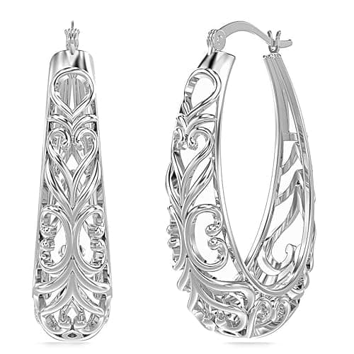 LeCalla 925 Sterling Silver Hoop Earrings | Women's Filigree Hoop Earrings | Openwork Mesh Filigree Cut Earring | Lightweight & Hypoallergenic Vintage Hoop Earrings for Women - Image 1