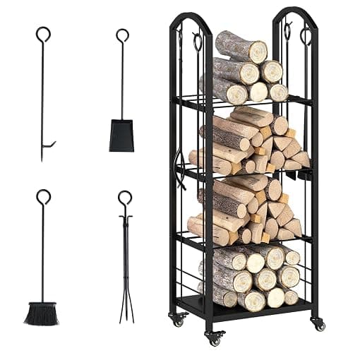 GYMAX Range-Bûches à Roulettes à 4 Niveaux pour Intérieur Extérieur, Porte-bûches avec 4 Outils, Support à Bois de Chauffage en Métal, Organisateur de Bois de Cheminée, Chaque Étagège Charge 60kg - Image 1
