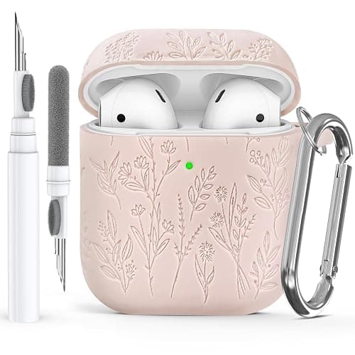 Ekoonpft Flower Engraved Airpods Case with Cleaner Kit, Soft Silicone Cover for Apple Airpod 2nd/1st Generation, Front LED Visible, Sand Powder - Image 1