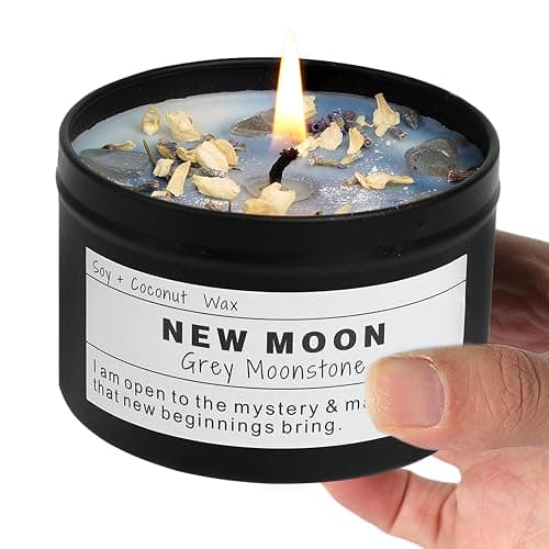 New Moon Gray Moonstone New Beginnings Ritual Energy Gift Grounding Manifestation Intention De-Stress Good Fortune Success Protection Meditation Magic Hande Made Candle(8oz). - Image 1