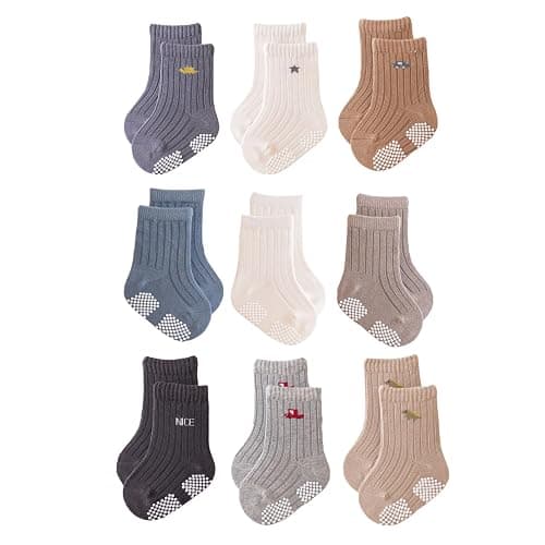 J Poqobog Baby Crew Socks,Grips Combed Cotton Socks Toddler Non-Skid for Girls,Boys Non Slip/Anti Skid 9-Pack - Image 1