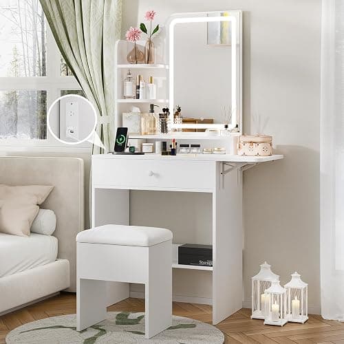 Haewon White Makeup Vanity Desk with Mirror and Lights, Vanity Table Set with Charging Station, Drawer, Storage Chair and Shelves, Dressing Table with Foldable Panel for Small Space Bedroom - Small - Image 1