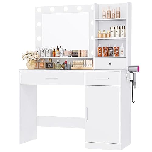 DUMOS Vanity Desk Makeup with Mirror LED Lights, White Table with Power Outlet 2 Drawer, 4 Storage Shelves Cabinet & 3 Lighting Mode Adjustable Brightness, Dressing Tables for Bedroom - Image 1
