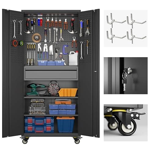 71" Metal Garage Storage Cabinet with 16 Hooks and Pegboards,1 Drawer Inside Rolling Tool Storage Cabinet with Adjustable Shelves,3 Metal Hanging Rod for Garage,Warehouse - Image 1