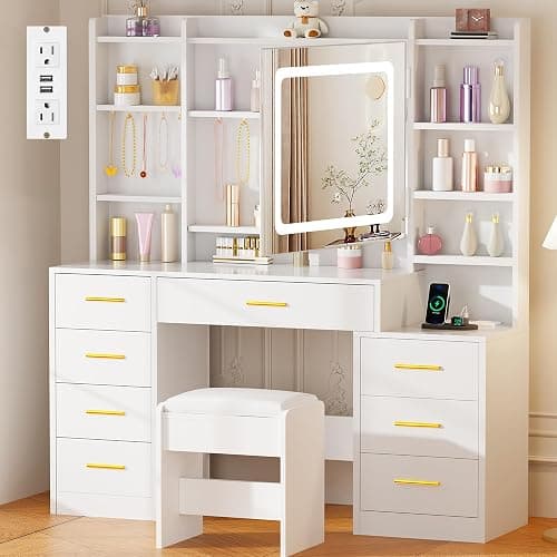 BEWISHOME Large Vanity Desk with Mirror and Lights,White Makeup Vanity Table with Power Outlet,Makeup Desk with 8 Drawers,7 Open Shelves,12 Hooks,Nightstand and Stool,Dressing Table for Bedroom FST53W - Image 1