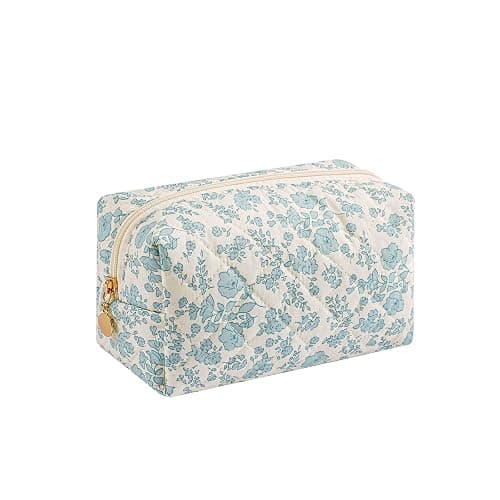 WHHJM Cute Floral Makeup Bag Small Cotton Quilted Cosmetic Bag, Aesthetic Essential Bag Emergency Bag Gift for Women Girls Travel Accessories (Blue Floral) - Image 1