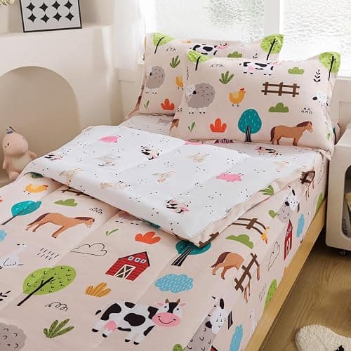 qjmiaofang 4Pcs Girl Zip Up Bedding Twin for Girls Farm Animal Comforter Set Kids All in One Zipper Bedding with Cow Sheets All Season Farmhouse Animal Zippered Bed Set with Fitted Sheet Decor - Image 1