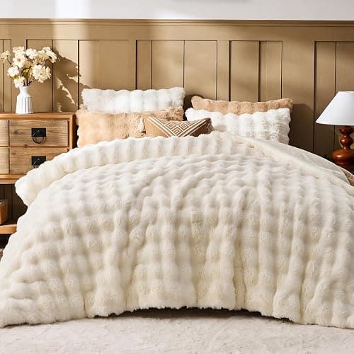 Lotus Karen Faux Fur Queen Comforter Set – Cream White Fluffy Comforter Queen Size, Big Bubble Faux Rabbit Fur Bedding Comforter Sets, Warm Cozy Fuzzy Bed Set 3 Pieces, 1 Comforter and 2 Pillowcases - Image 1