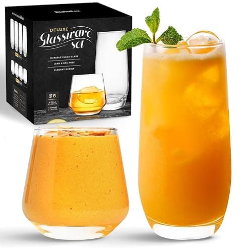 Short & Tall Drinking Glasses Set of 8 - 4 Tall Water Glasses and 4 Short Small Glass Cups Set - Elegant Glass Drinkware - Deluxe Glassware Sets for Highball Sparkling Cocktails, Wine, Beer, Whiskey - Image 1