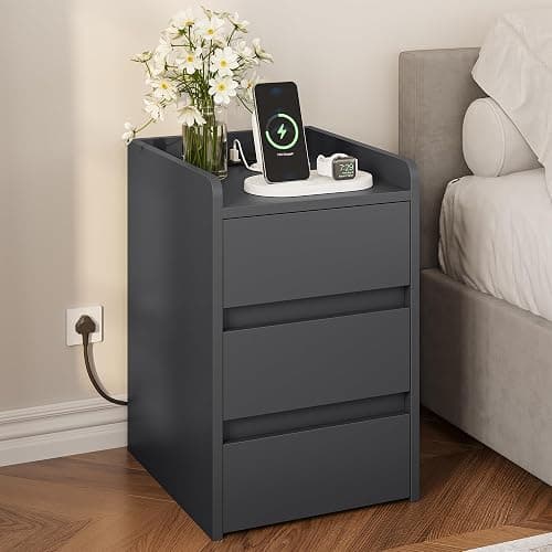 YITAHOME Bedside Table with 3 Drawers and Power Station, Modern Nightstand End Table, Water-Resistant Storage Side Table for Living Room and Bedroom, 35 x 40 x 59cm (Grey) - Grey - 35 x 40 x 59cm - Image 1