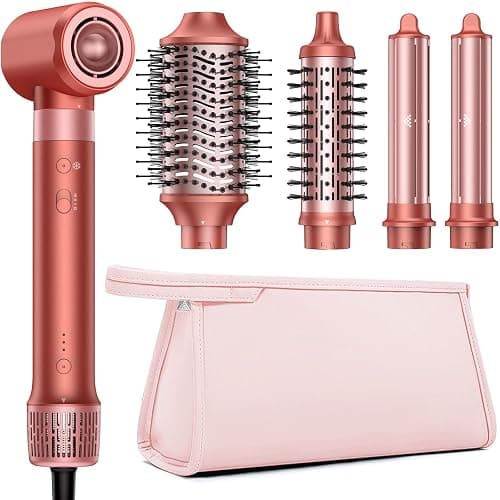 HITTIONA High-Speed 5 In 1 Hair Styler, Professional Hot Air Styler No Heat Damage Frizz-Free for Volumizer, Curl, Straighten, Drying, 1500W Negative Ionic Blow Dryer Brush with Travel Bag, Coral-Red - Image 1