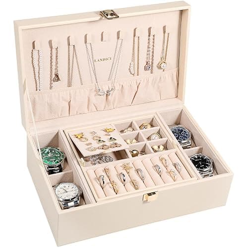 LANDICI Jewelry Box Organizer for Men Women, 2 Layer 4 Slot Watch Storage Case with Removable Tray, PU Leather Large Jewellery Holder Display for Watches Sunglasses Rings Earrings Necklace, Apricot - Large - Apricot - Image 1