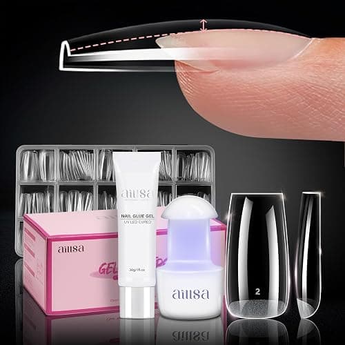 AILLSA Nail Extension Kit Medium Square Nail Tips 224pcs | Upgrade Glue Gel for Fake Tips Press on Nails, Nail Extensions Kit with Portable Nail Lamp for Beginners - Image 1