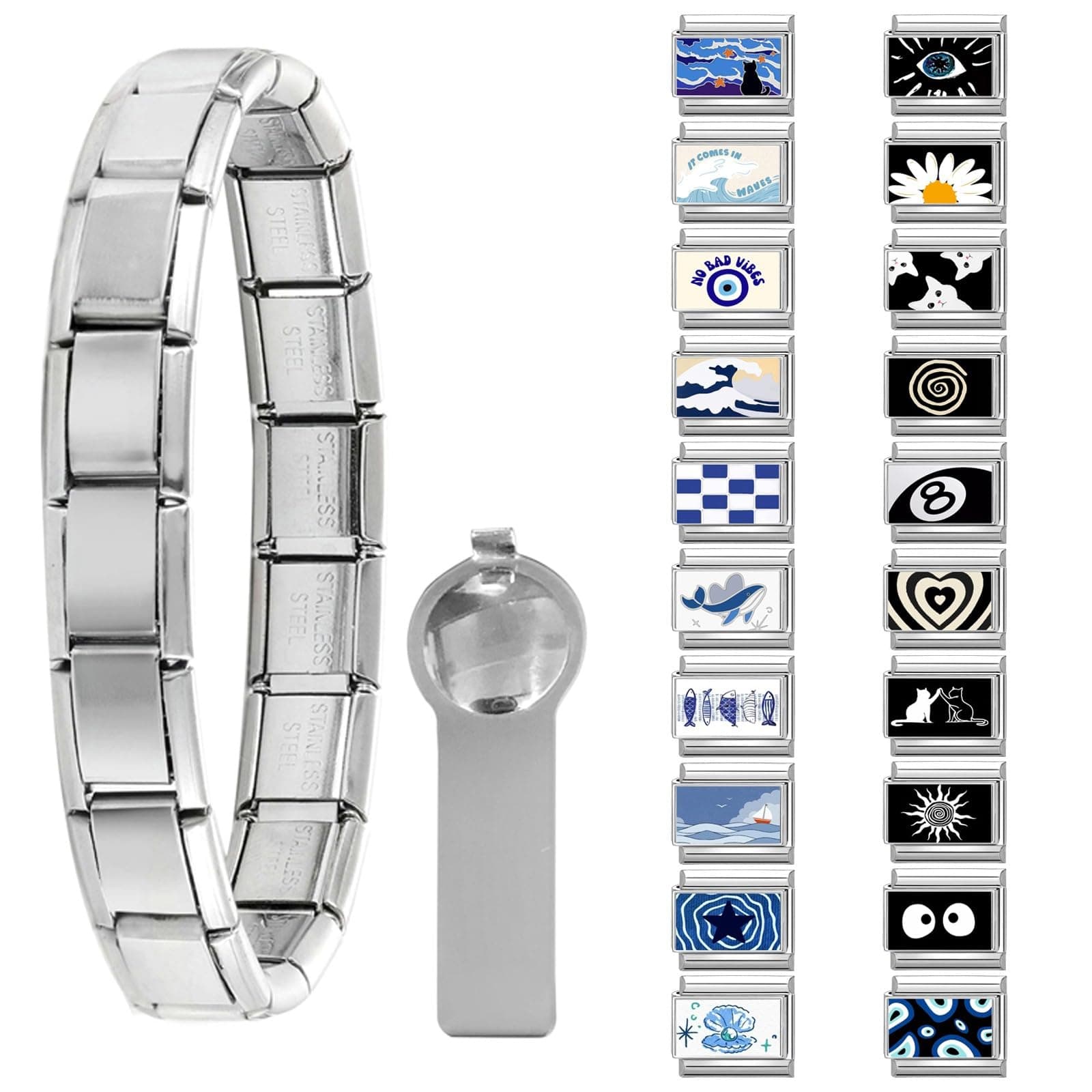 papasgix Conjunto de 11 peças de berloques italianos, 10 mm x 9 mm prata com berloques italianos de elos de elos pretos padrões de aço inoxidável DIY joias presentes - Image 1