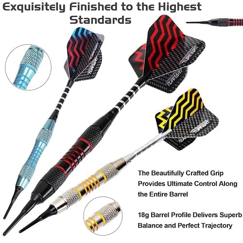 Turnart Darts Plastic Tip - Professional Soft Tip Darts Set for Electronic Dartboard 9 Pcs 18 Grams with 50 Extra Tips 9 Shafts 27 Flights Tool Kit Flight Protectors and Gift Darts Case - Image 1