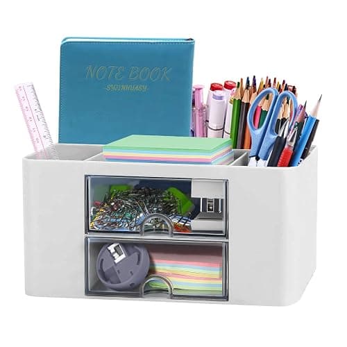 SYJINHUASY Multifunktionaler Schreibtisch Organizer, Kompakter Büroorganizer mit 5 Fächern & 2 Schubladen,Plastik Tisch Organizer für Büro Zuhause Schule (White-A) - Image 1