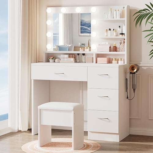 LIVELYGLOW White Makeup Vanity with HD Mirror & 10 LED Bulbs, 34.3" Dressing Table with Charging Station, 4 Drawers, Hairdryer Rack & Cushion Stool, Modern Bedroom Vanity Set - Image 1