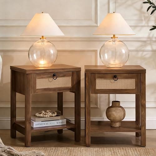 Hanamako Rattan Night Stand Set of 2, Boho Bedside Table with Rattan Decor Drawer & Open Shelf, Farmhouse End Tables Bed Side Tables Accent Table for Bedroom Sofa Office - Image 1