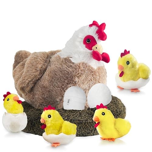 Youthfuljive 9 in 1 Chicken Stuffed Animal Set, Stuffed Chicken Plush Toys for Kids, Egg Laying Hen with Zippered Belly, Baby Chicks Plush Chickens, Eggs and Coop for Girls Boys Birthday Easter - Image 1