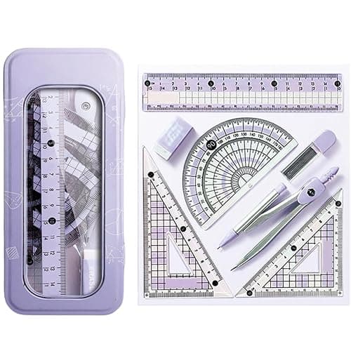 8 Pcs Purple Geometry Set Cute Compass Set with Maths Protractor Rulers, Math Set for Drawing Measuring Tools, Kawaii Ruler Kit for Class Women Girls School Supplies (Purple) - Image 1