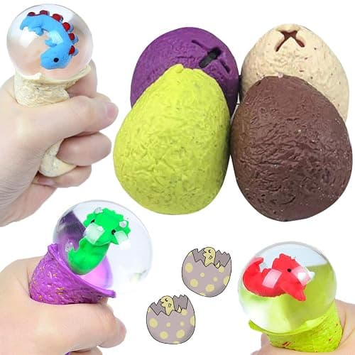 4 Pack Dinosaur Theme Egg Stress Balls, Dino Squishy Ball Set, Squeeze Balls for Adults, Fidget Balls to Relax, Stress Relieve, Party Favors, Birthday, Goodie Bag Stuffers, Increase Entertainment - Image 1