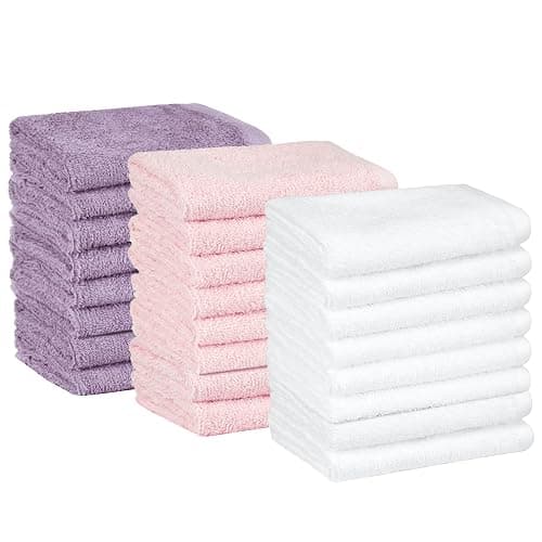 Amazon Basics washcloth for bathroom, 100% Cotton Extra Absorbent , Fast Drying - salon towels - 24-Pack, Petal Pink, Lavender, White, 12 x 12 in - Image 1